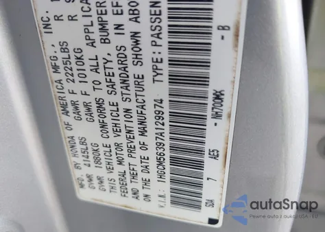 2007 Honda Accord 2.4 Se из США, поврежденный, VIN 1HGCM56397A129974